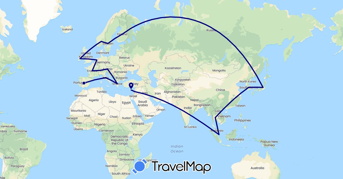 TravelMap itinerary: driving in Austria, Switzerland, Cyprus, Spain, Finland, France, Greece, Ireland, Italy, Japan, South Korea, Lebanon, Netherlands, Norway, Sweden, Singapore, Thailand (Asia, Europe)